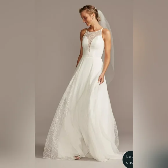 DB Studio High Neck Illusion And Lace Godet Wedding Dress in Soft White | Size: 6 | David's Bridal DB Studio High Neck Illusion And Lace Godet Wedding Dress in Soft White | Size: 6 | David's Bridal